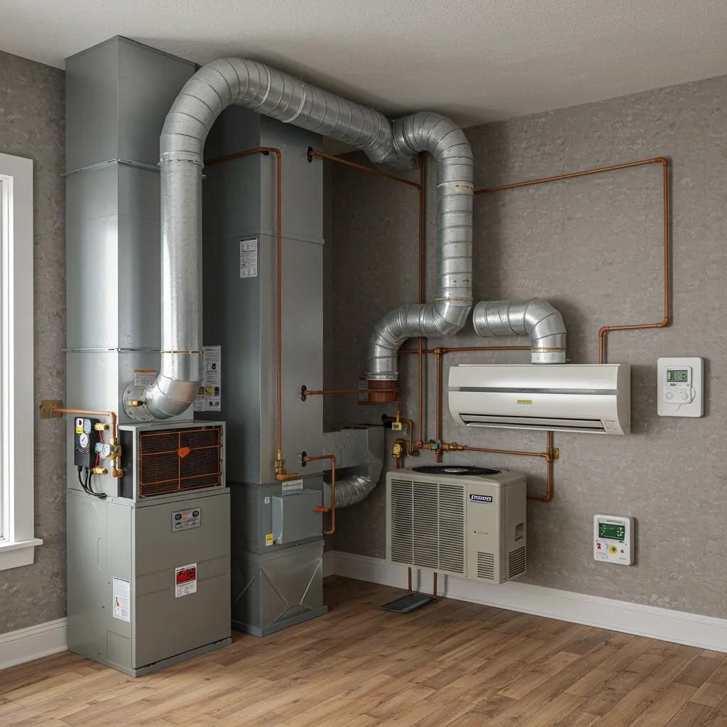 Core components of an HVAC system including furnace, air conditioner, ductwork, and thermostat