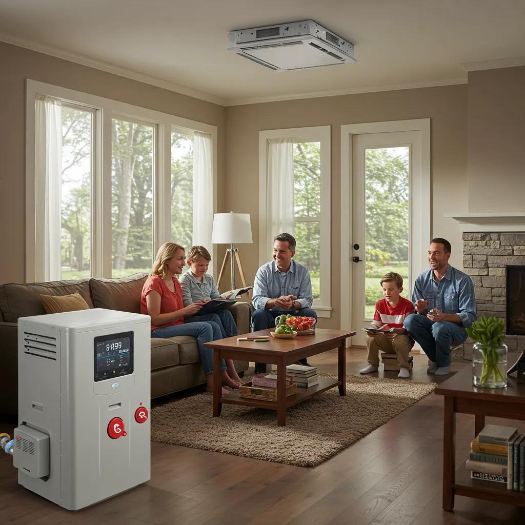 Family enjoying comfort in a cozy home with visible HVAC system