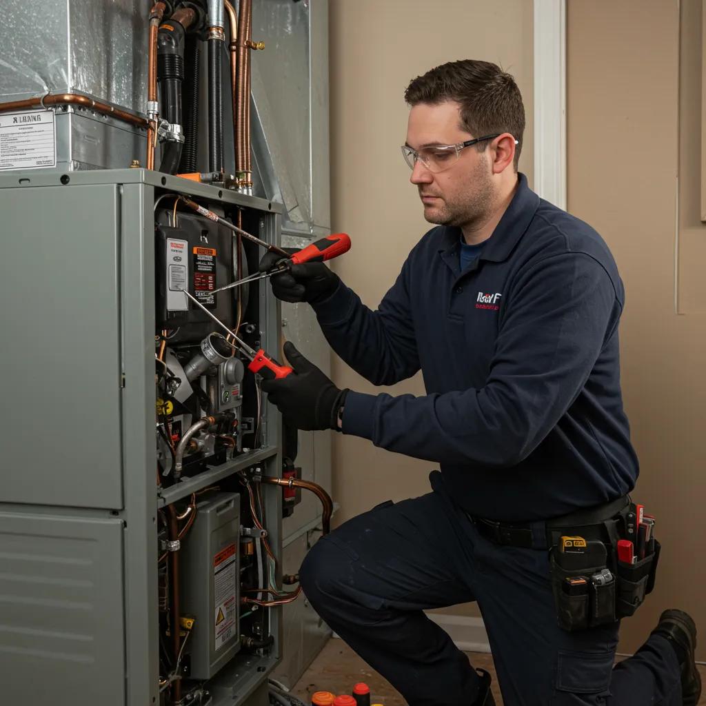 HVAC technician inspecting a furnace in a residential setting
