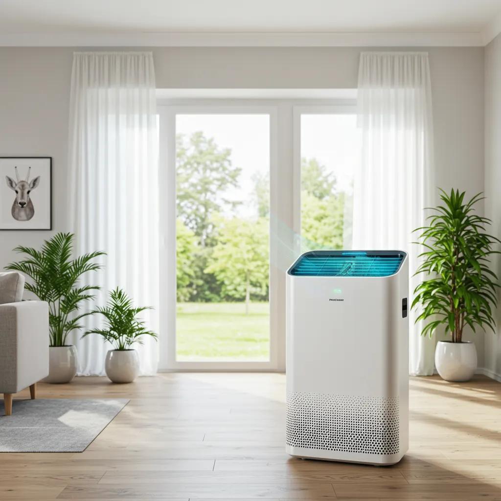 Modern living room featuring an air purifier and healthy indoor environment