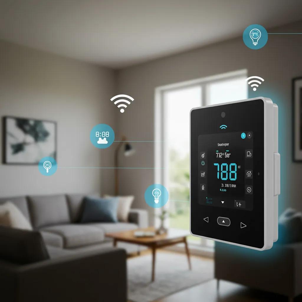 Smart HVAC technology with a smart thermostat and IoT sensors in a modern living room
