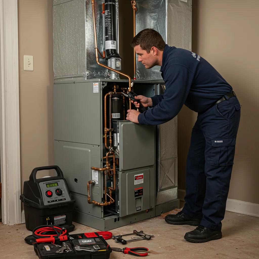 Technician inspecting a furnace in a residential setting