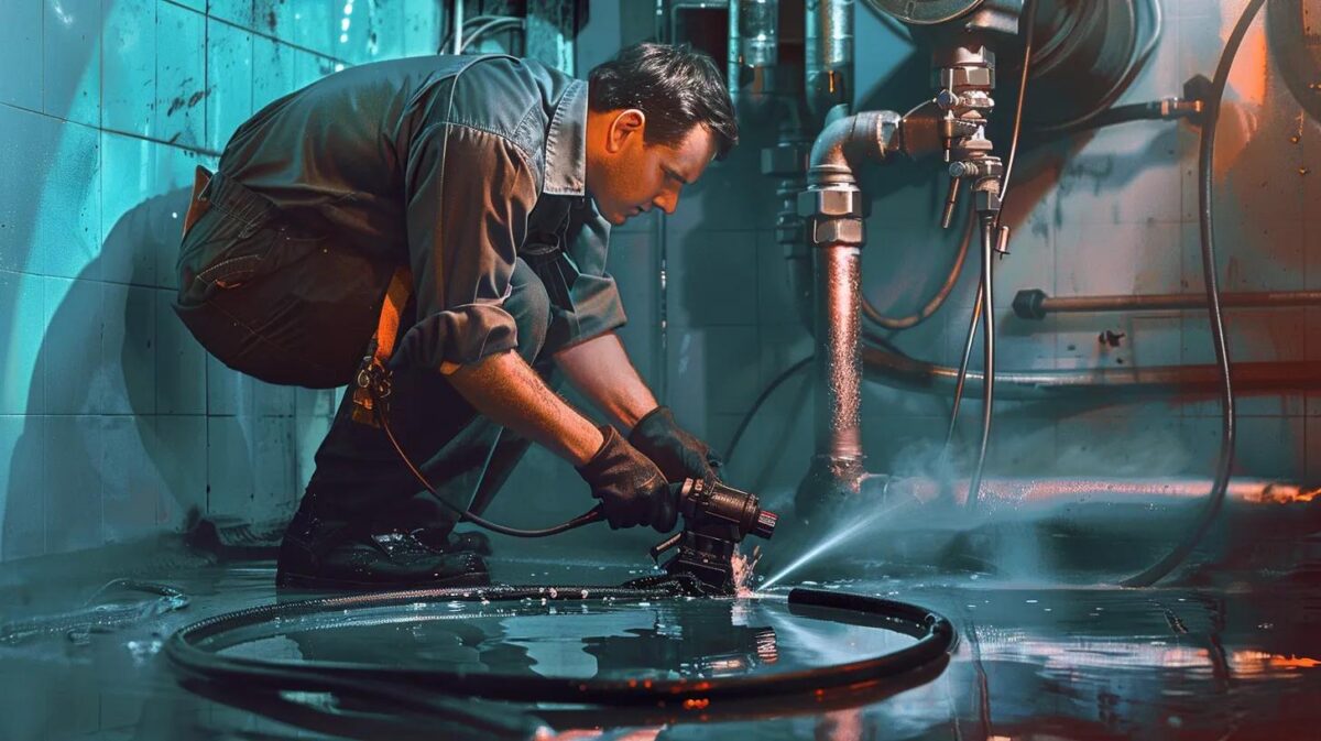 Professional plumber using hydro jetting equipment for drain cleaning