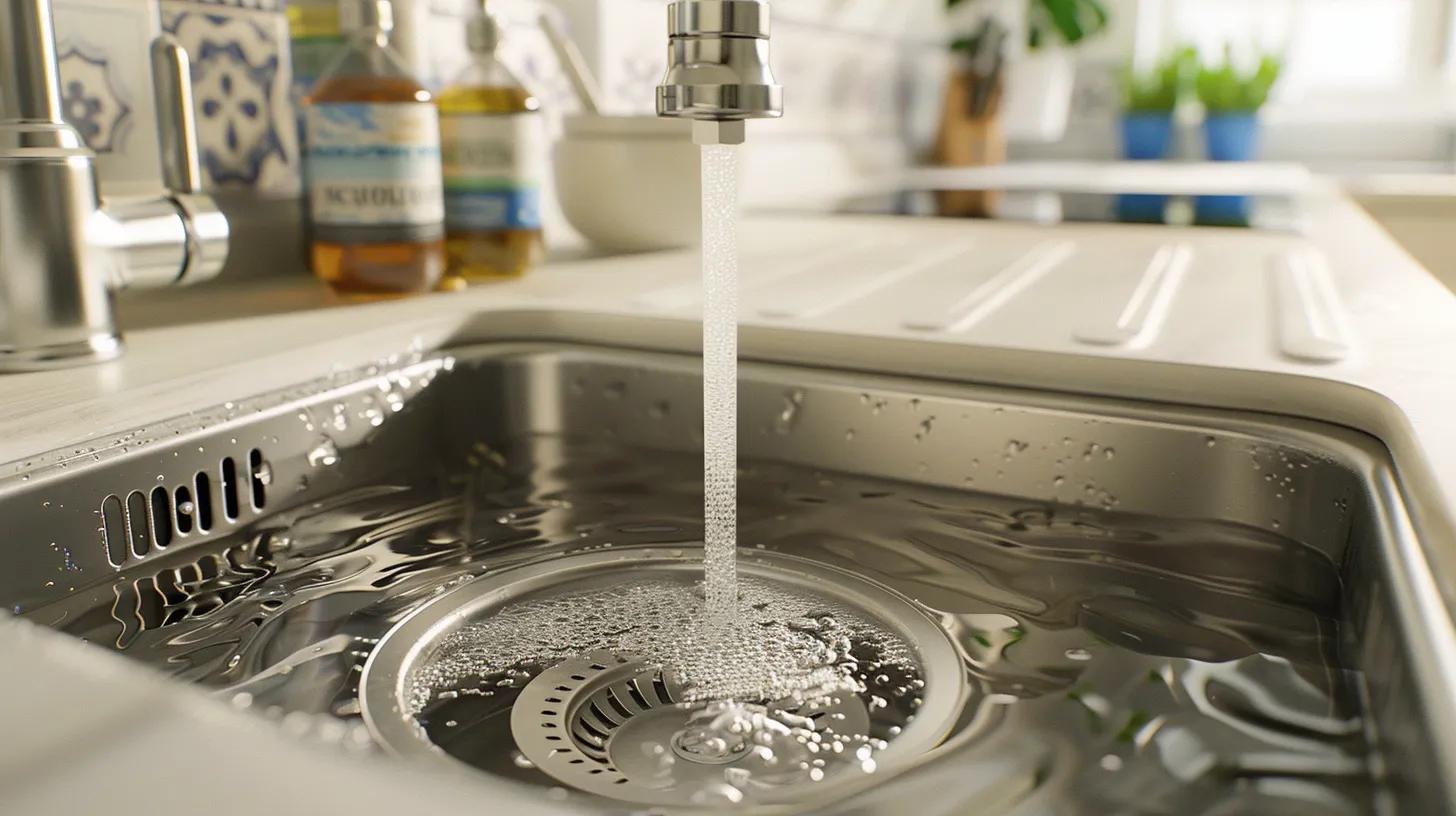 Clean kitchen sink with drain strainer and eco-friendly cleaner for maintenance