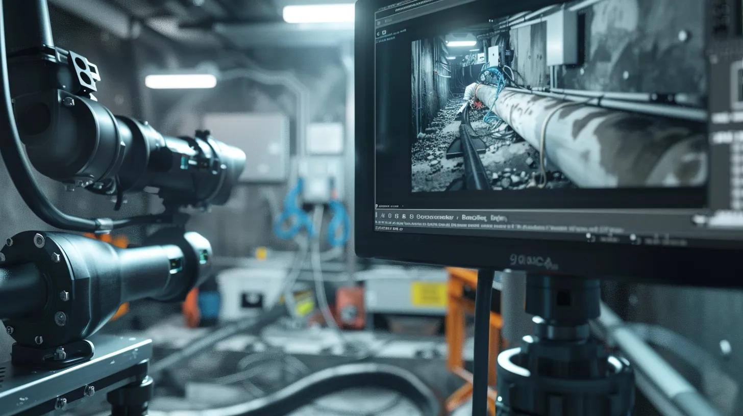Technician performing sewer camera inspection with monitor displaying pipe condition