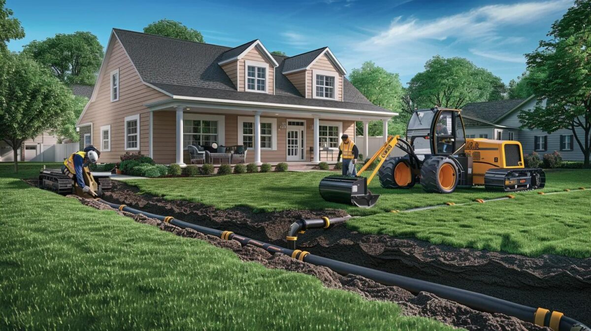 Trenchless sewer repair technician working in a residential yard with minimal disruption