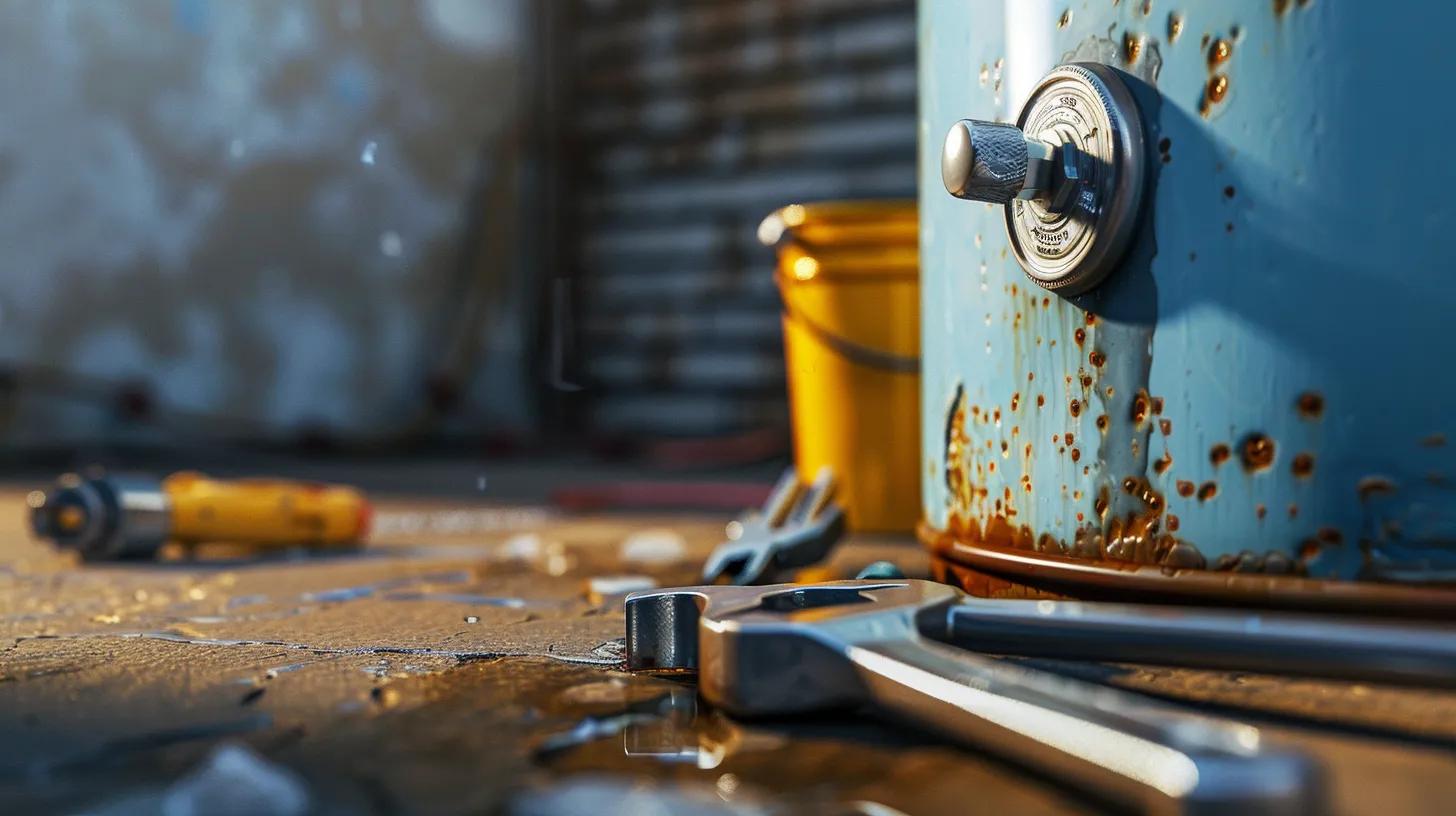 Close-up of a worn water heater showing signs of rust and a leak