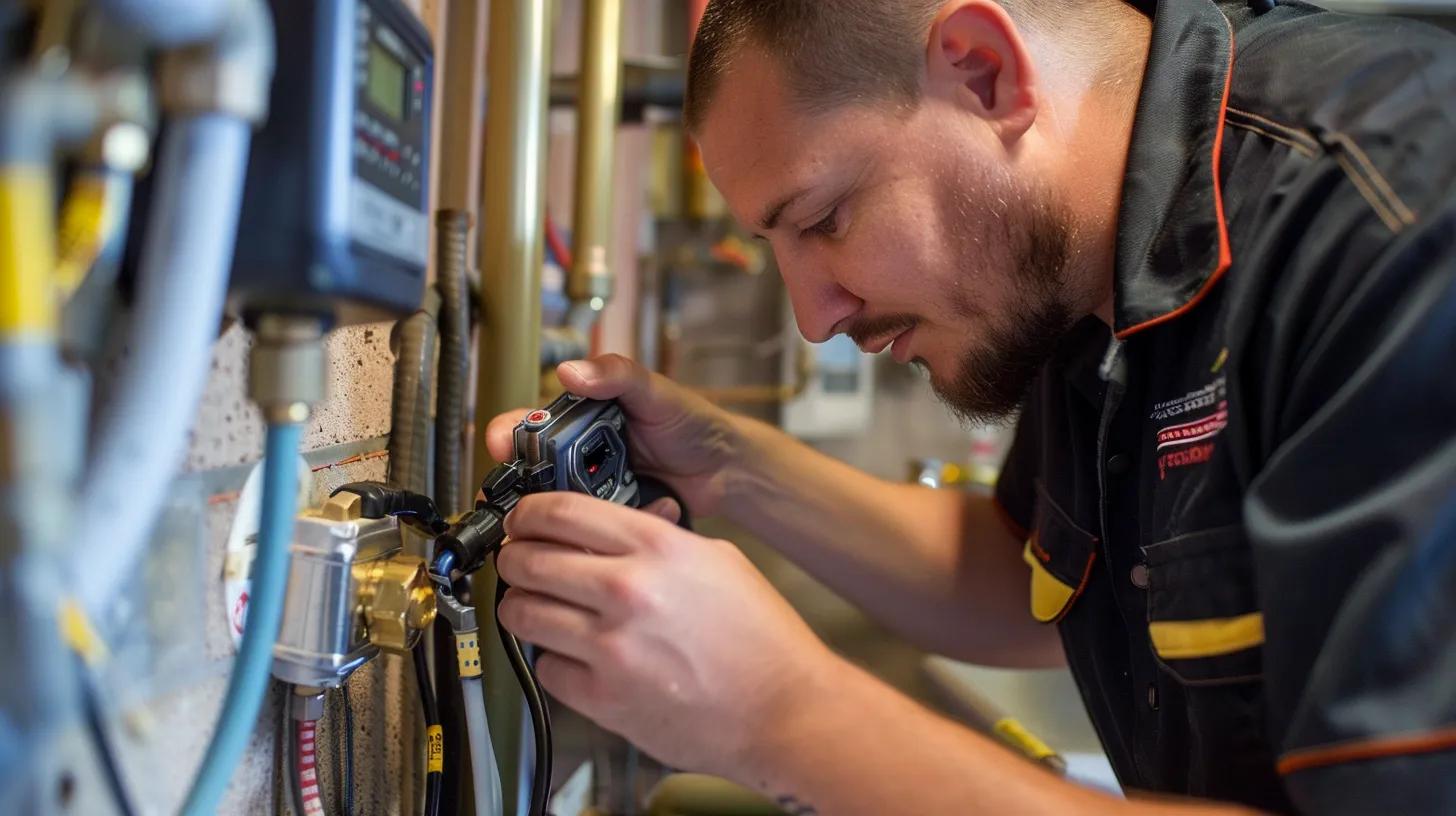 Professional plumber using advanced technology for leak detection in a home