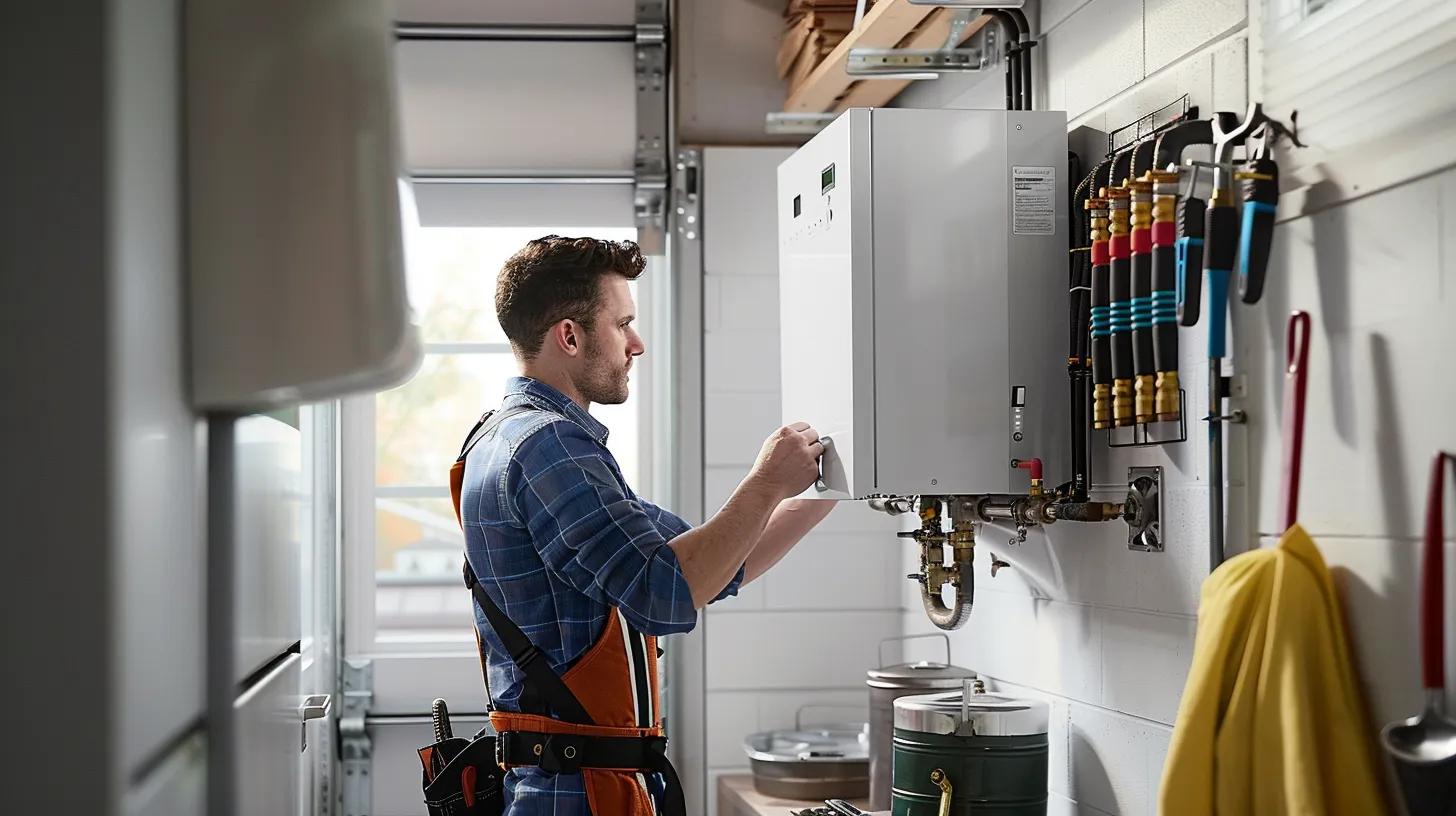 Tankless water heater installation with a plumber explaining benefits to a homeowner