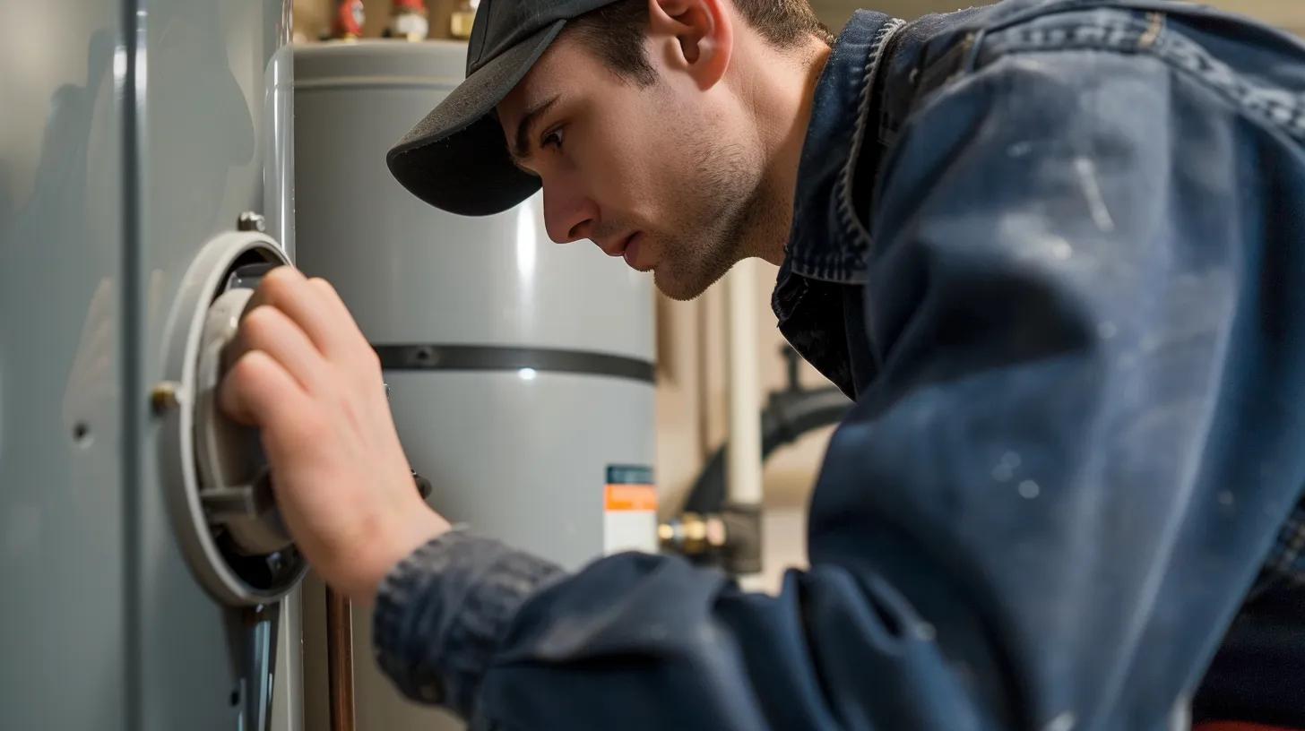 Plumber diagnosing a malfunctioning water heater in a residential setting