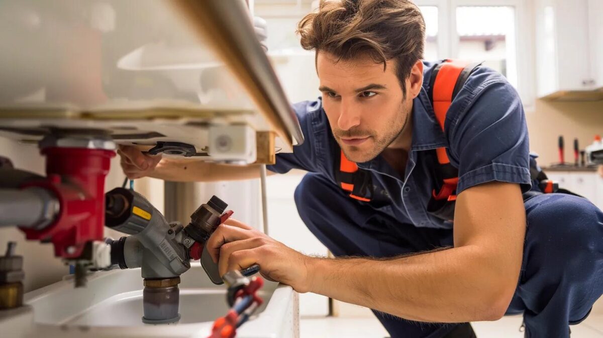 Professional plumber fixing a pipe under a sink in a home, representing urgent plumbing services in Orange, VA