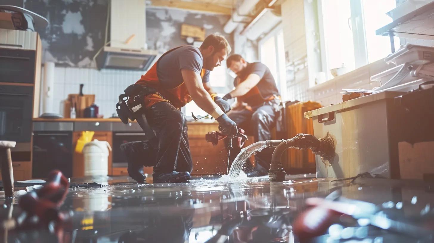 Team of plumbers collaborating to fix a burst pipe during an emergency, showcasing reliable plumbing services