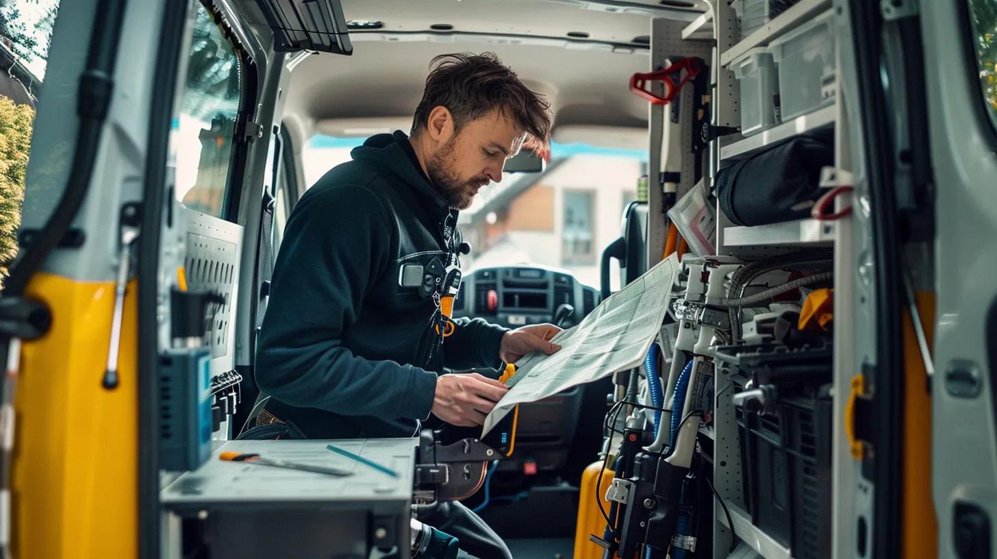 Plumber in a service van preparing for an emergency call, highlighting response times for plumbing services
