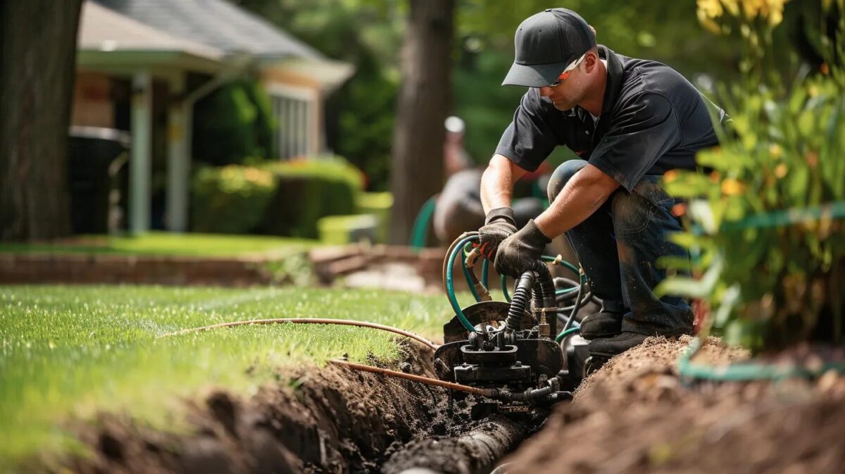 Plumber using trenchless technology for sewer line repair in a residential yard