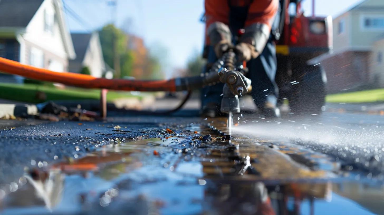 Plumber using a hydro jetting machine to clear a drain with high-pressure water streams