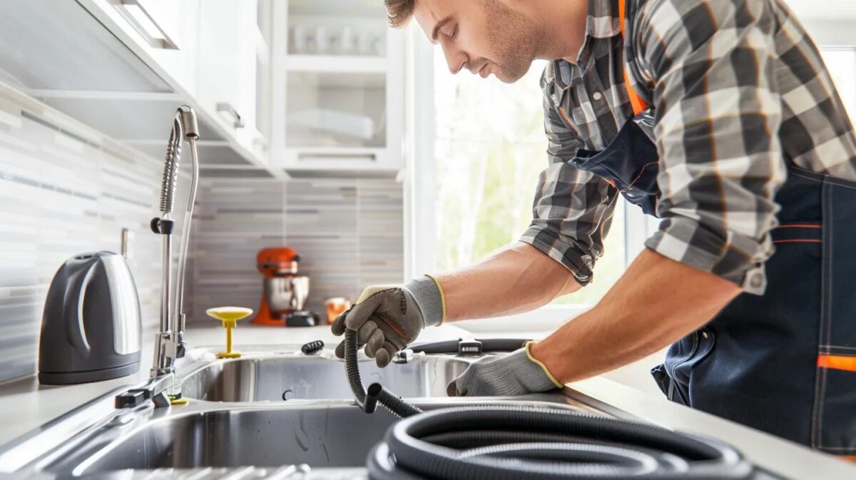 Professional plumber using a plumbing snake to clear a clogged drain in a modern kitchen