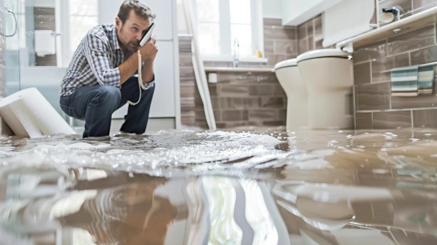 Homeowner calling an emergency plumber while dealing with a flooded bathroom due to a clogged drain