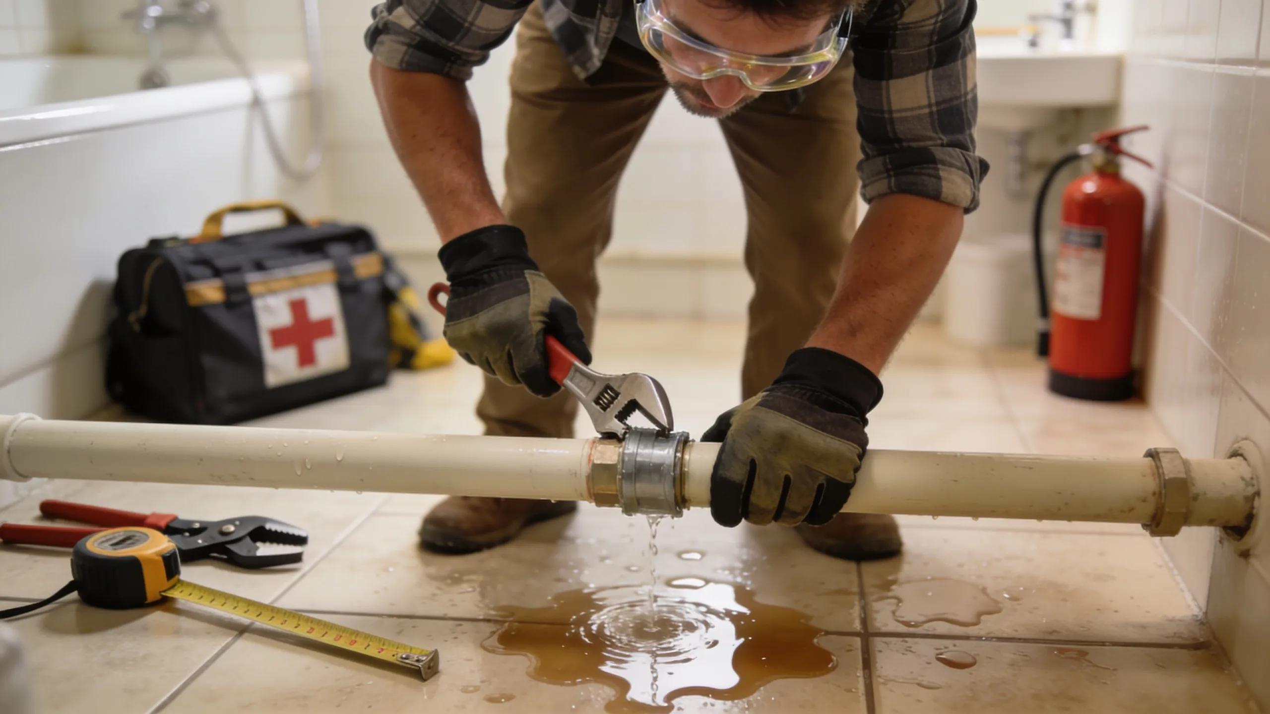 Homeowner taking safety precautions during a plumbing emergency, highlighting protective gear and proactive measures.