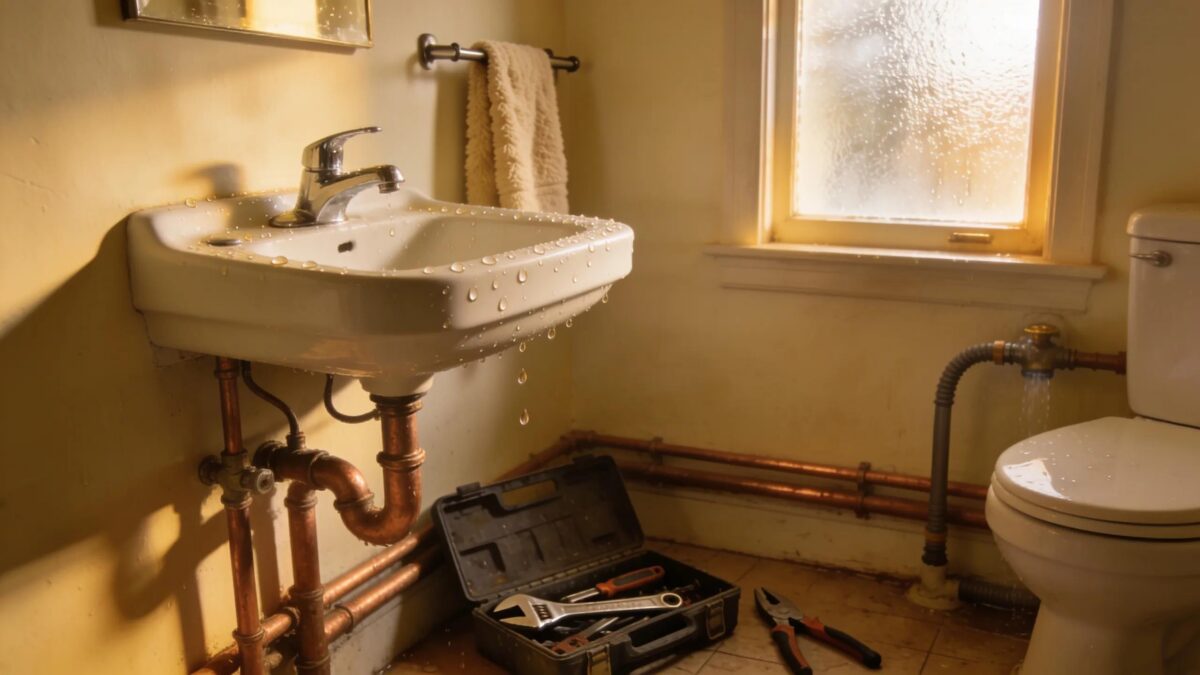 A cozy bathroom interior with plumbing fixtures reflecting the theme of emergency plumbing services.