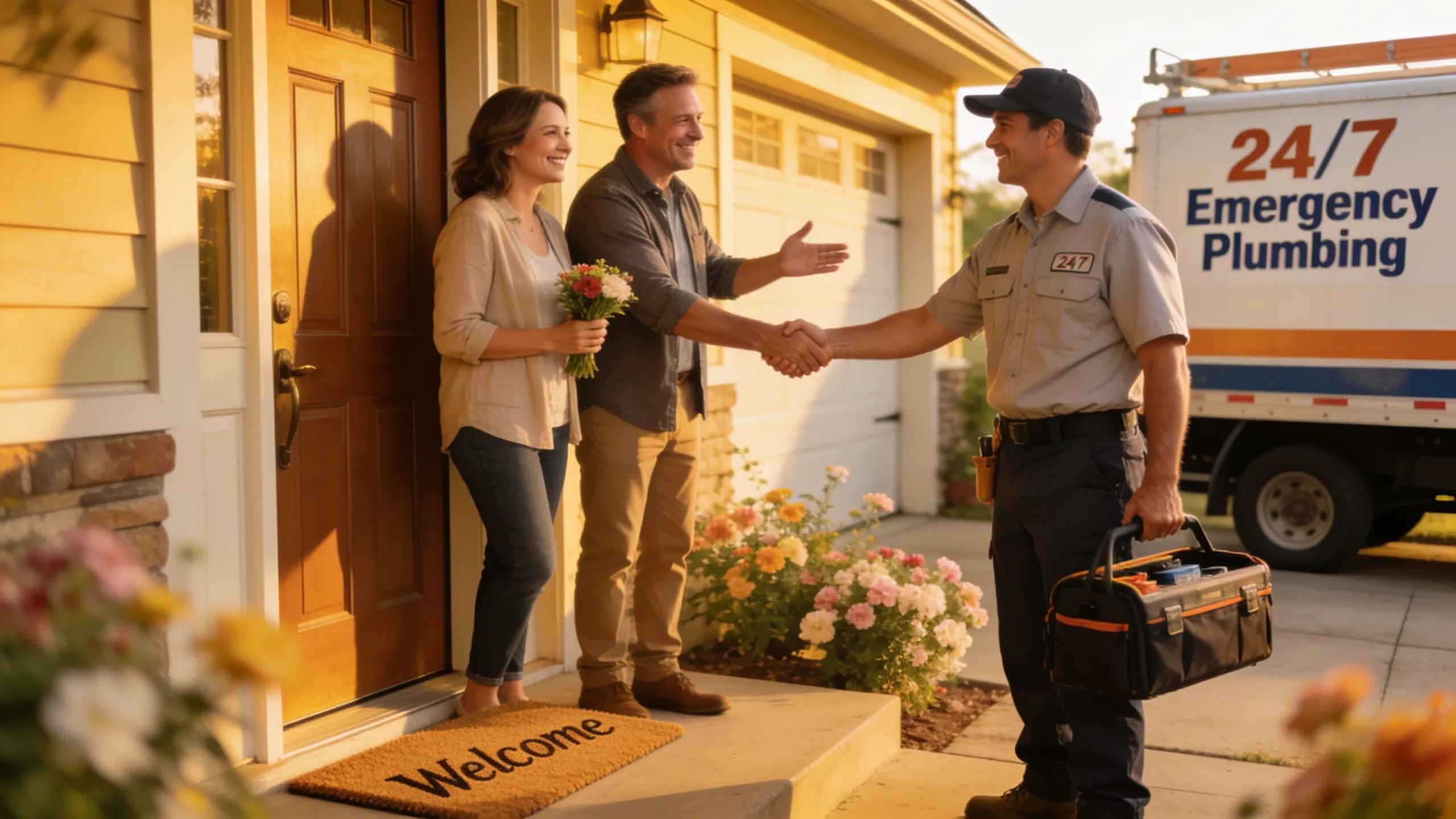 Happy family expressing gratitude to a plumber outside their home, capturing positive feedback on emergency plumbing services