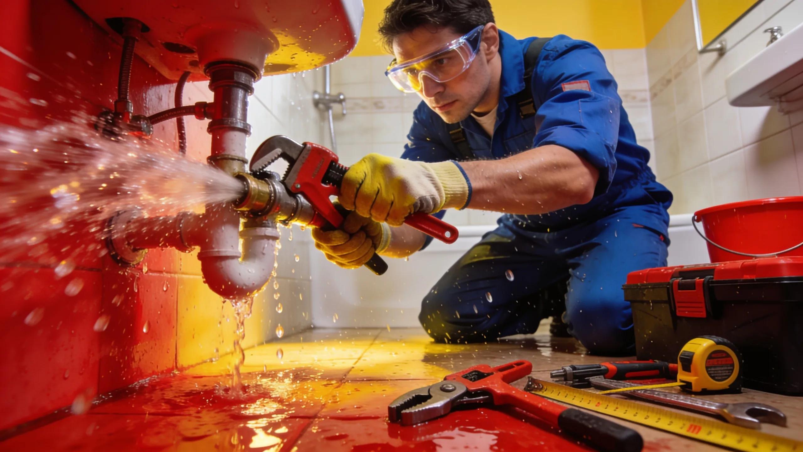 Plumber repairing a burst pipe in a home, illustrating urgent emergency plumbing services
