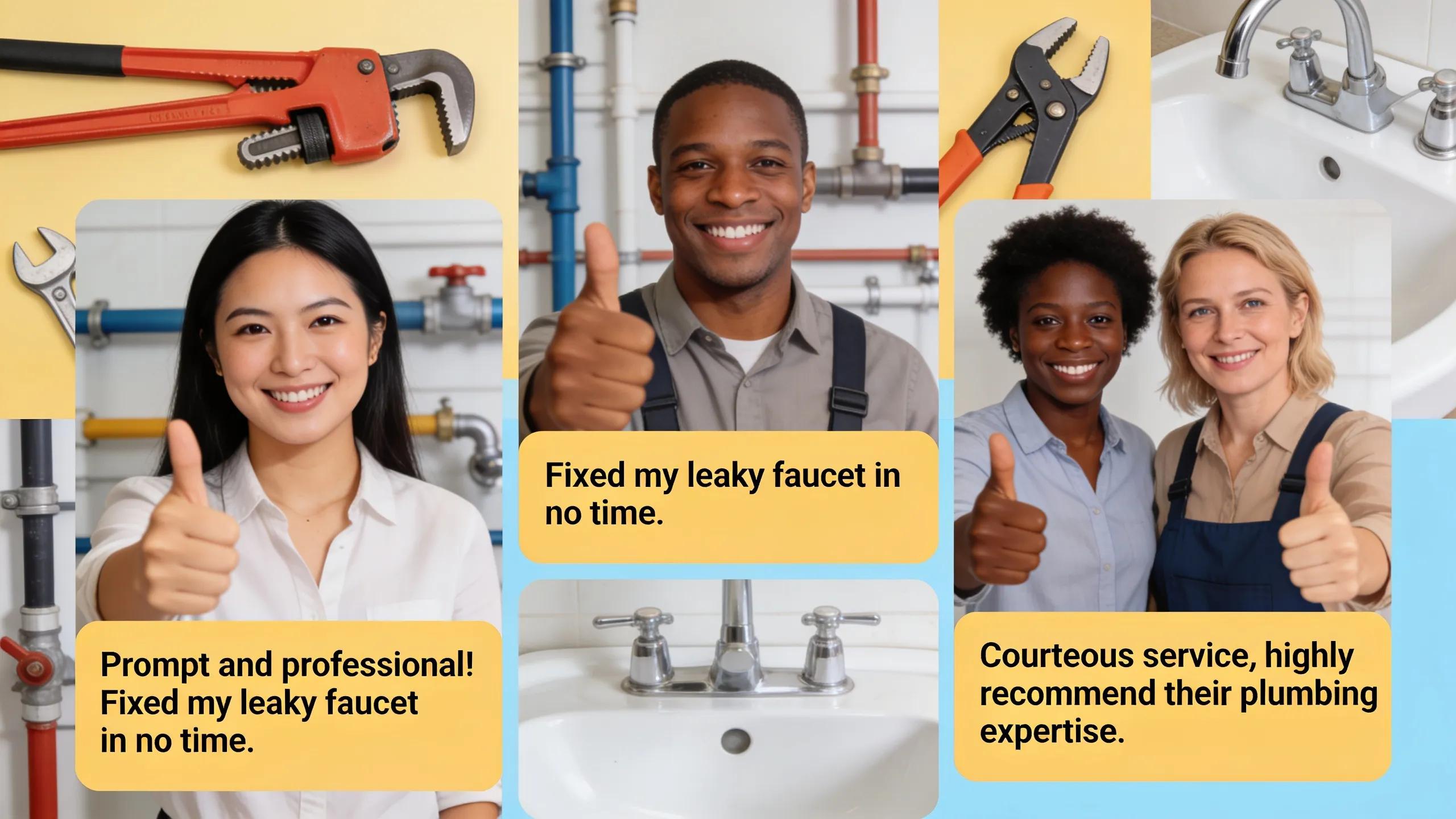 Happy customers sharing testimonials about plumbing services, highlighting customer satisfaction and trust
