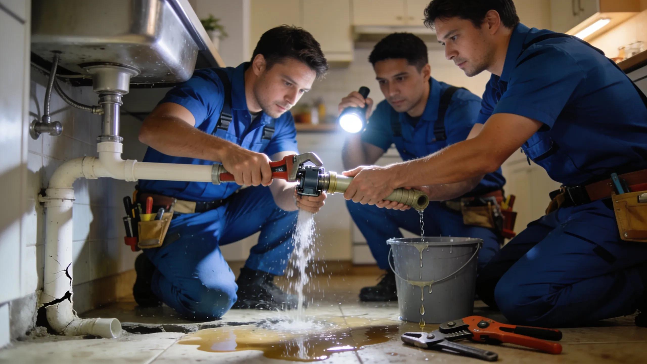 Team of emergency plumbers collaborating to resolve a home plumbing issue swiftly