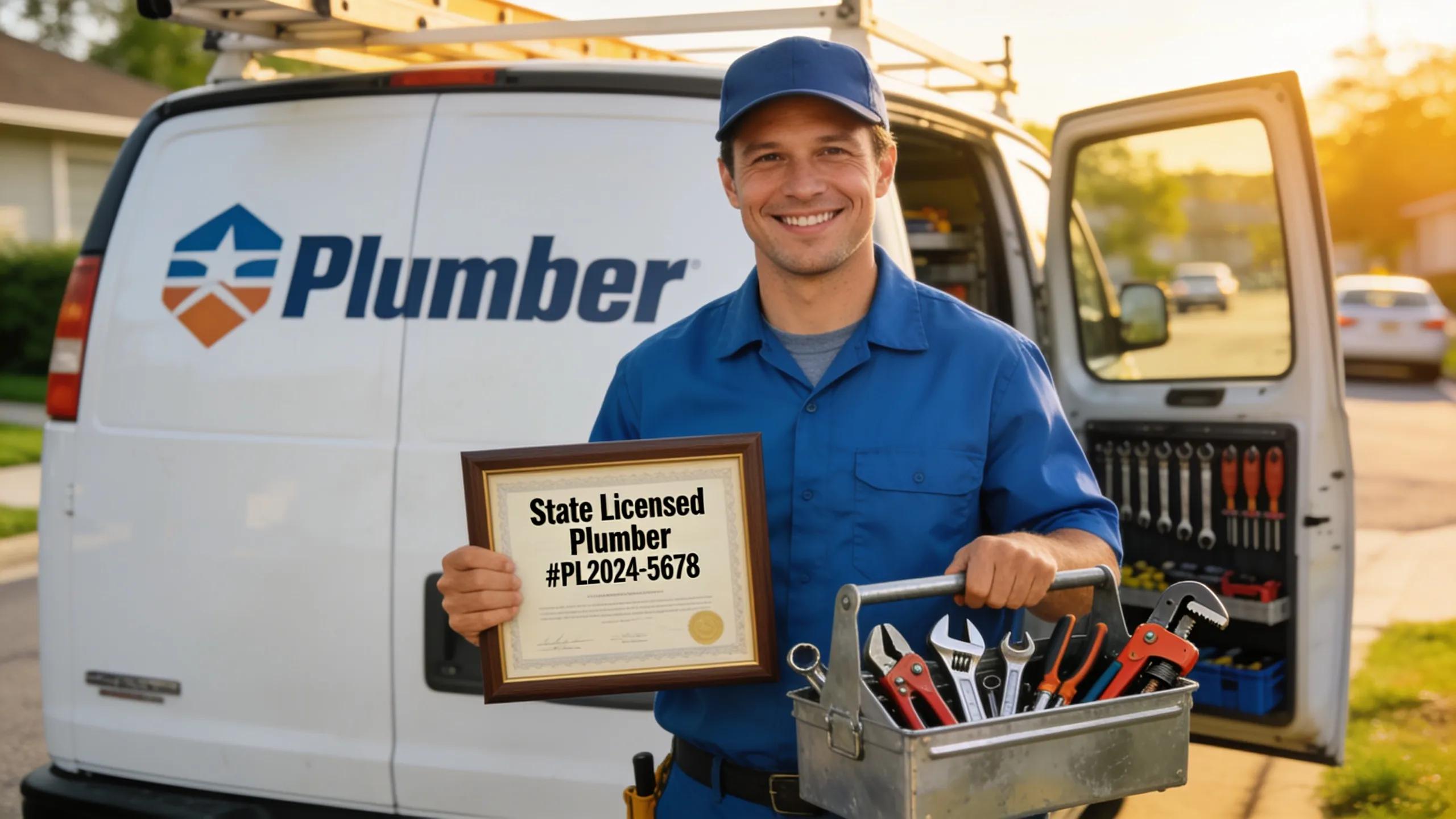 Licensed plumber displaying credentials and tools, showcasing professionalism in emergency repairs
