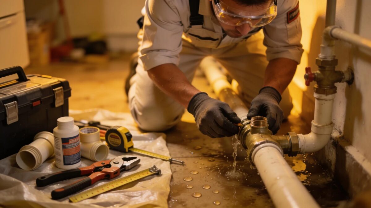 Emergency plumber fixing a burst pipe in a home, emphasizing urgent service availability