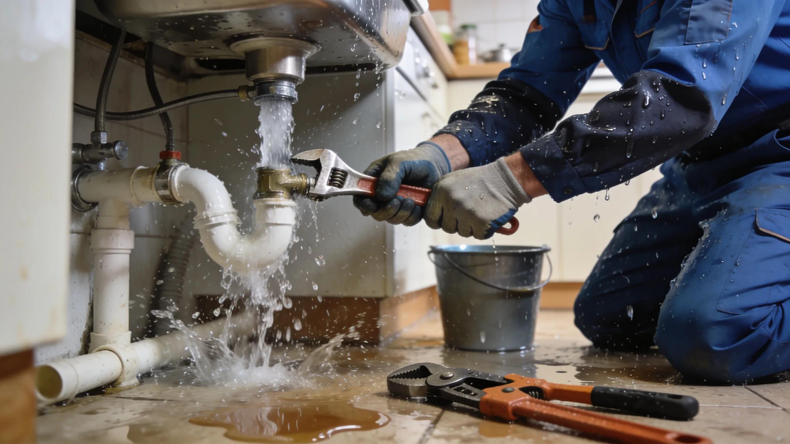 A plumber fixing a burst pipe in a home, emphasizing typical emergency plumbing services.