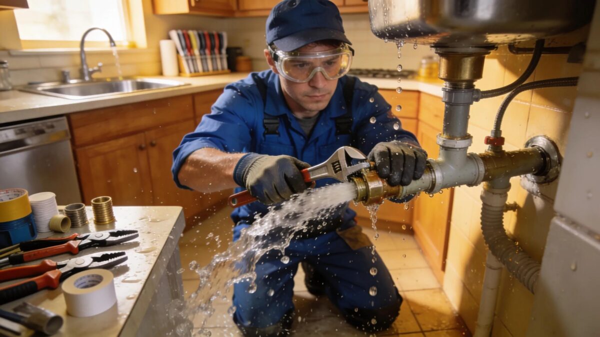 Plumber repairing a burst pipe in a home, emphasizing emergency plumbing services and warranty coverage