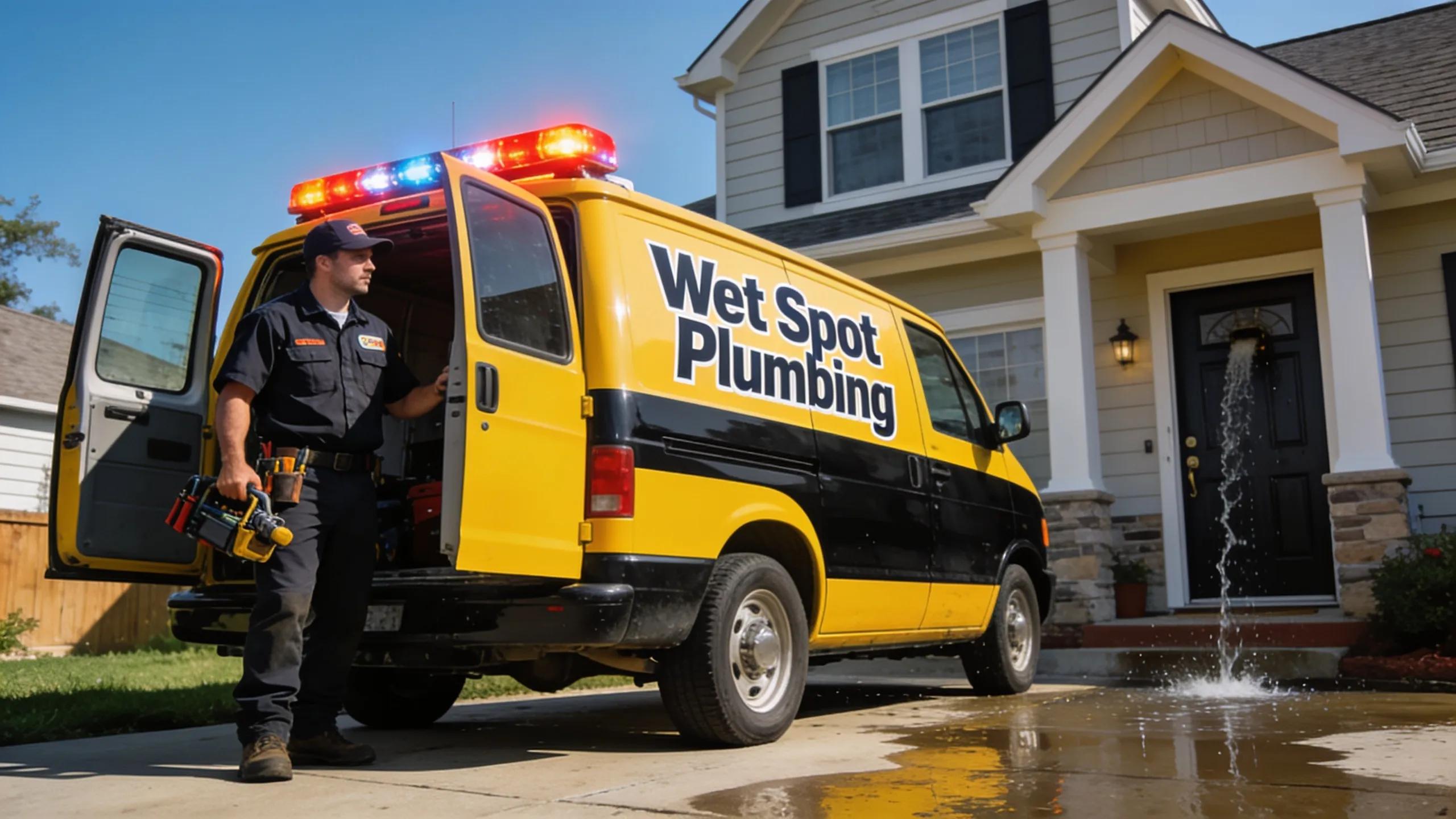 Wet Spot Plumbing van with emergency lights responding to a burst pipe at a home.
