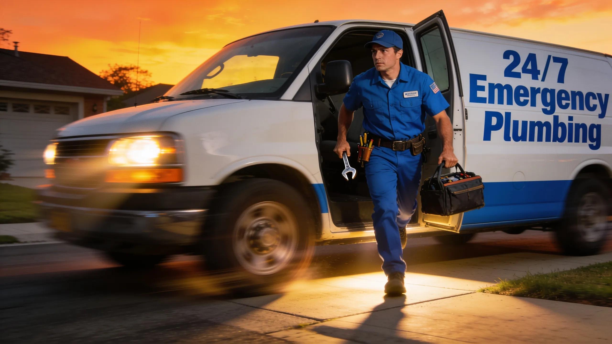 A plumber arriving promptly at a home for emergency service, illustrating quick response times.