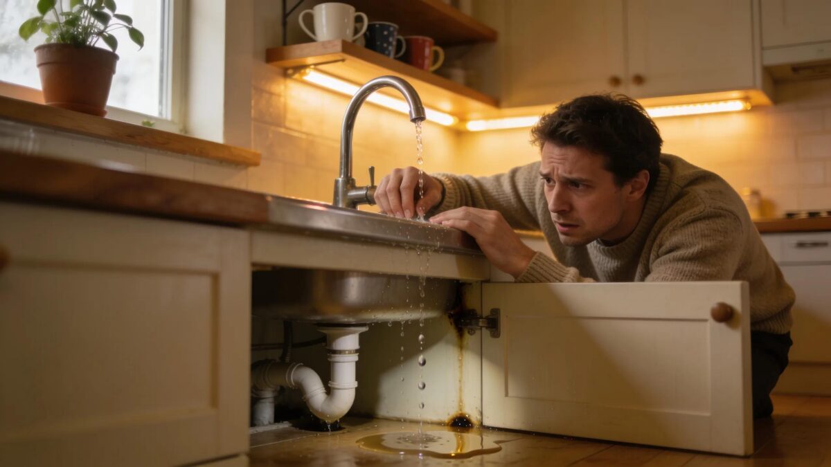 Homeowner assessing a plumbing leak in a kitchen, emphasizing emergency plumbing concerns.