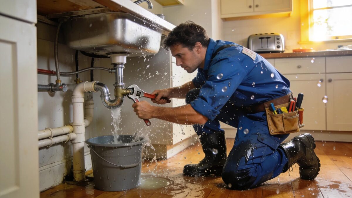 Action shot of a plumber fixing a burst pipe in a residential setting, highlighting emergency plumbing services in Louisa