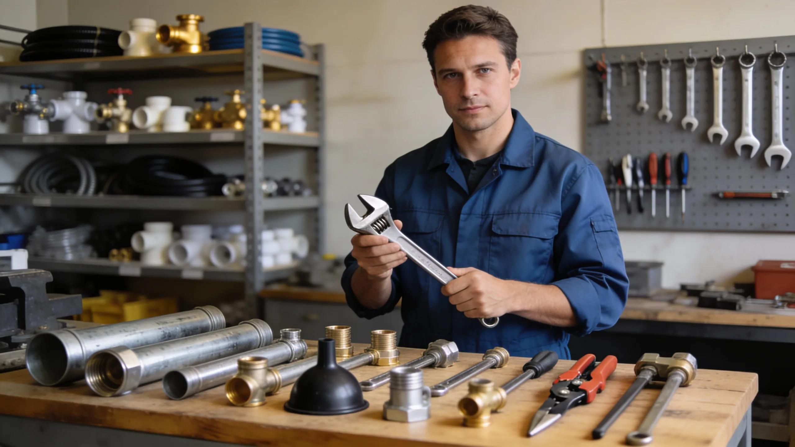 Licensed plumber preparing tools in a workshop, emphasizing expertise and quality plumbing services