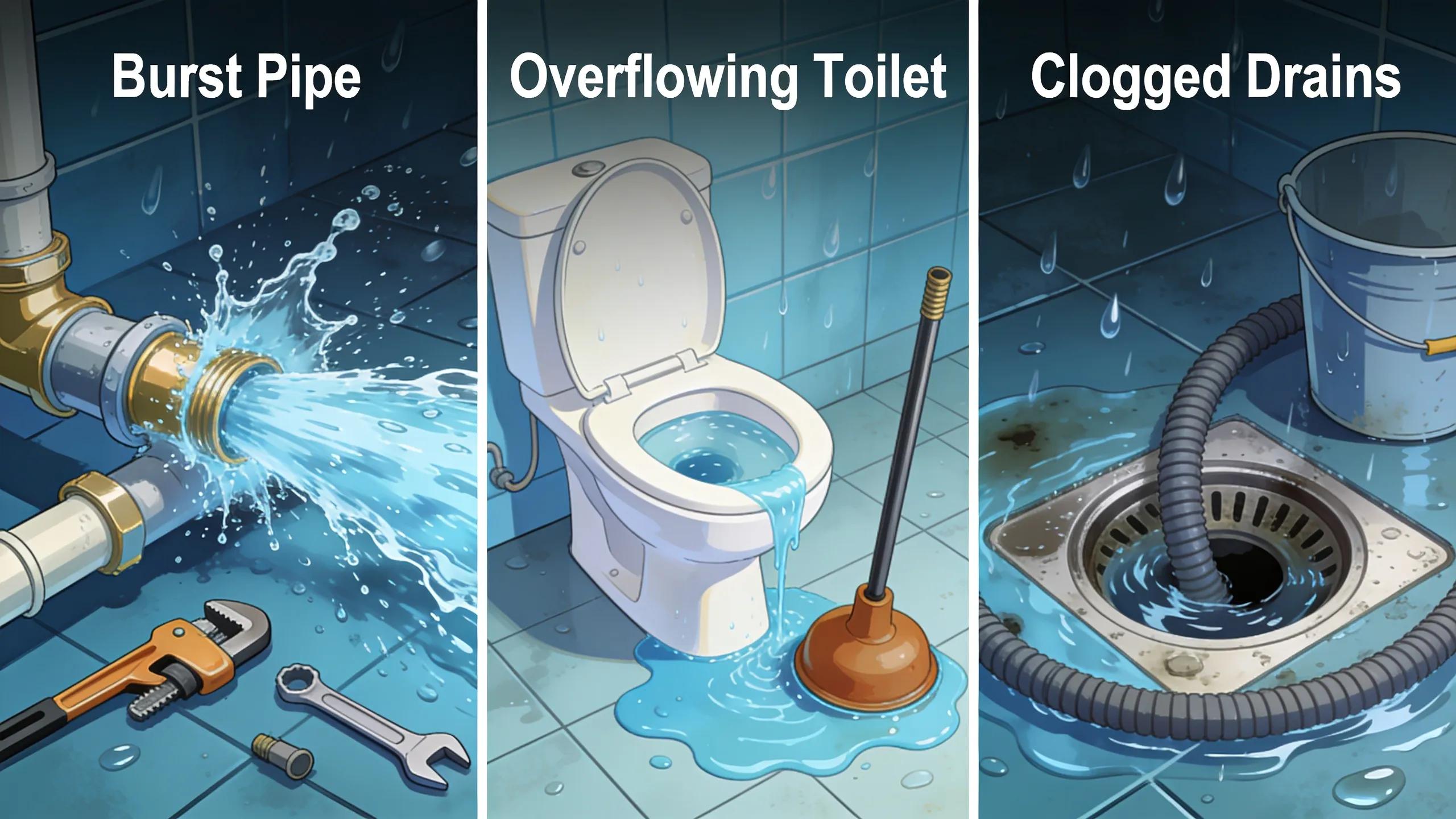 Visual representation of common plumbing emergencies including pipes burst and toilets overflowing.