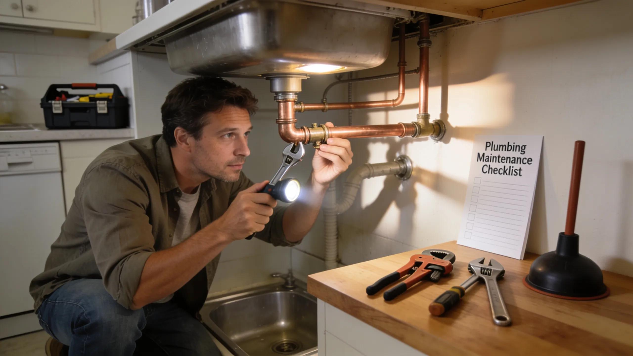 A homeowner performing routine plumbing maintenance under the sink