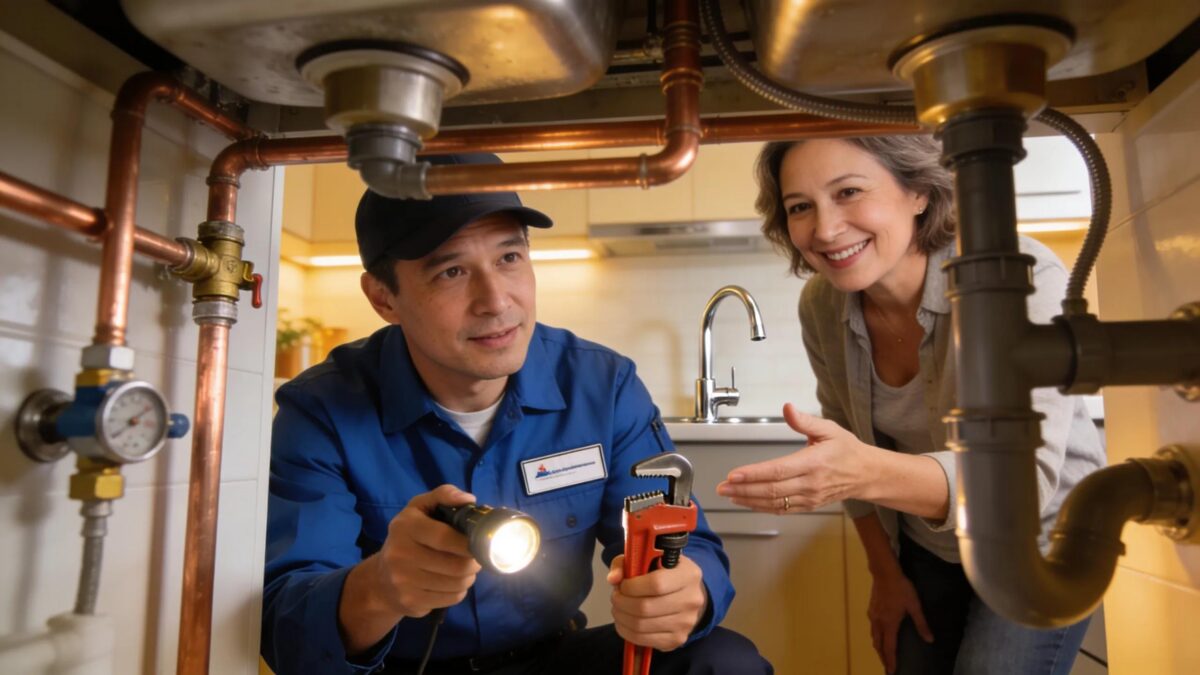 Professional plumber inspecting equipment in a modern home, representing reliable plumbing services
