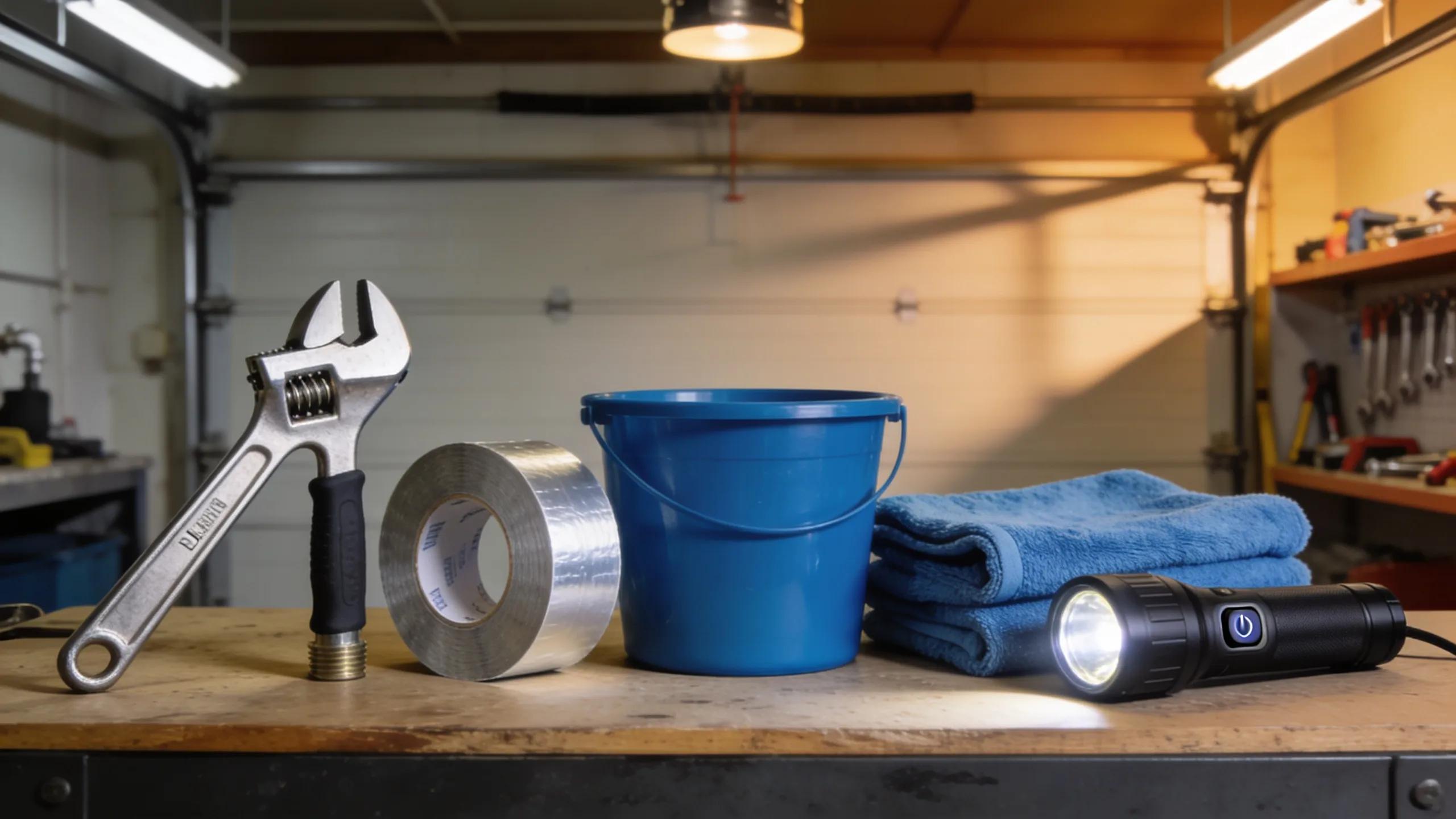 Essential plumbing tools including a pipe wrench and plumber’s tape, essential for emergency repairs.