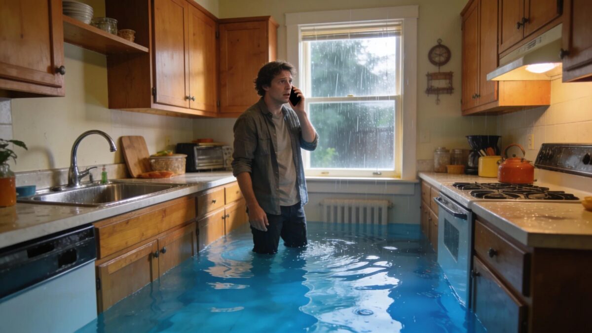 Homeowner experiencing a plumbing emergency in a flooded kitchen, highlighting urgent action.