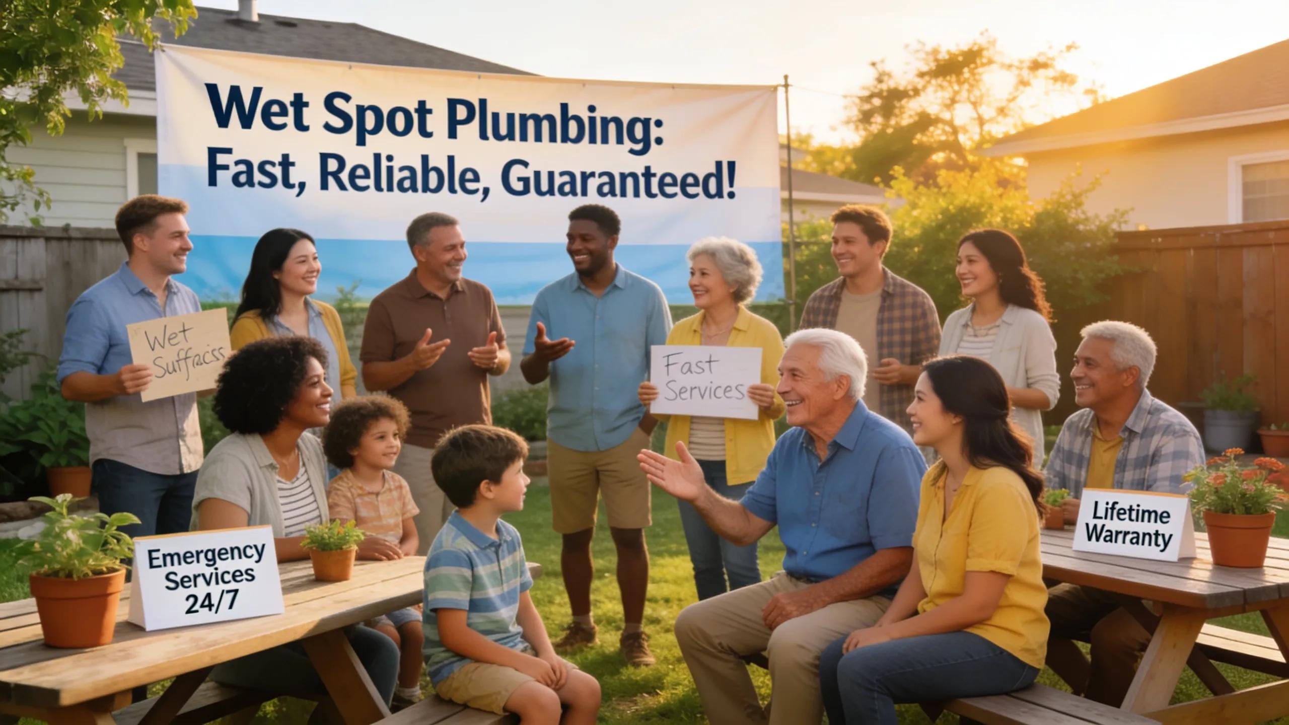 Homeowners sharing positive feedback about Wet Spot Plumbing's emergency services and warranty coverage, illustrating customer satisfaction and community trust
