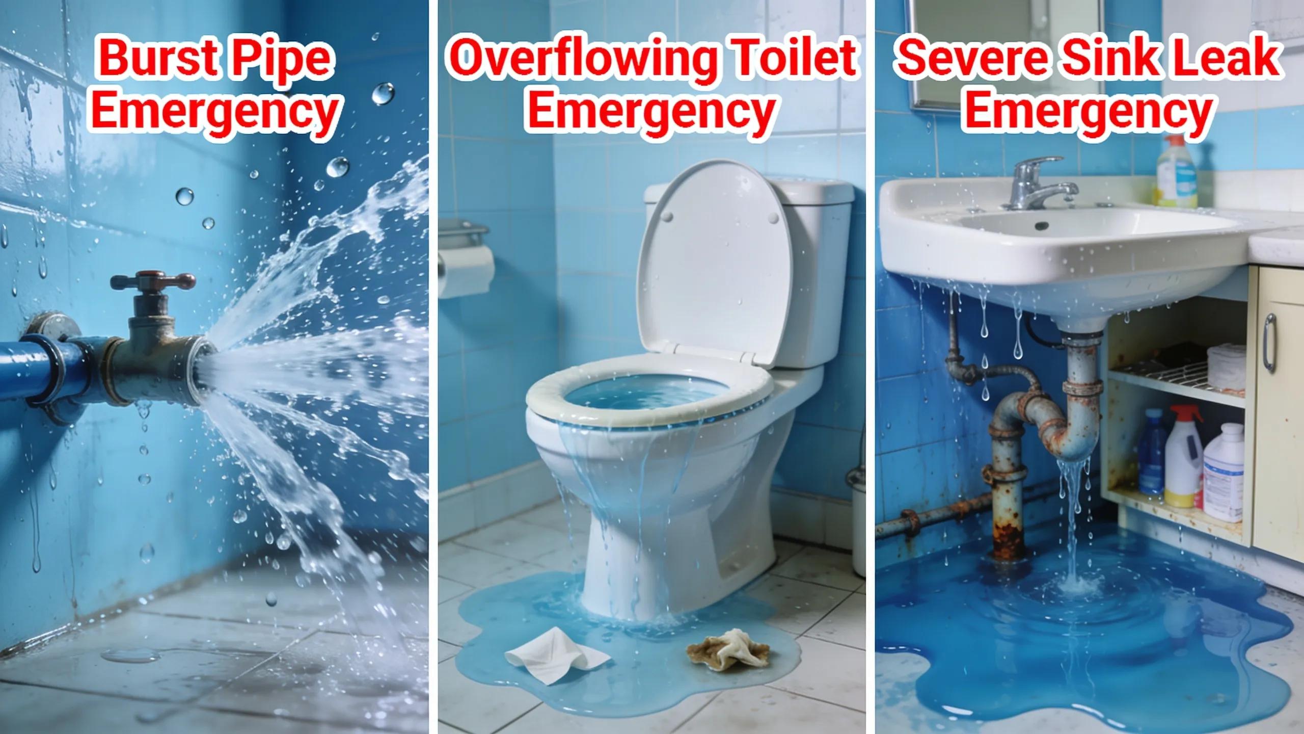 Common plumbing emergencies: burst pipe, overflowing toilet, and severe leak illustration.