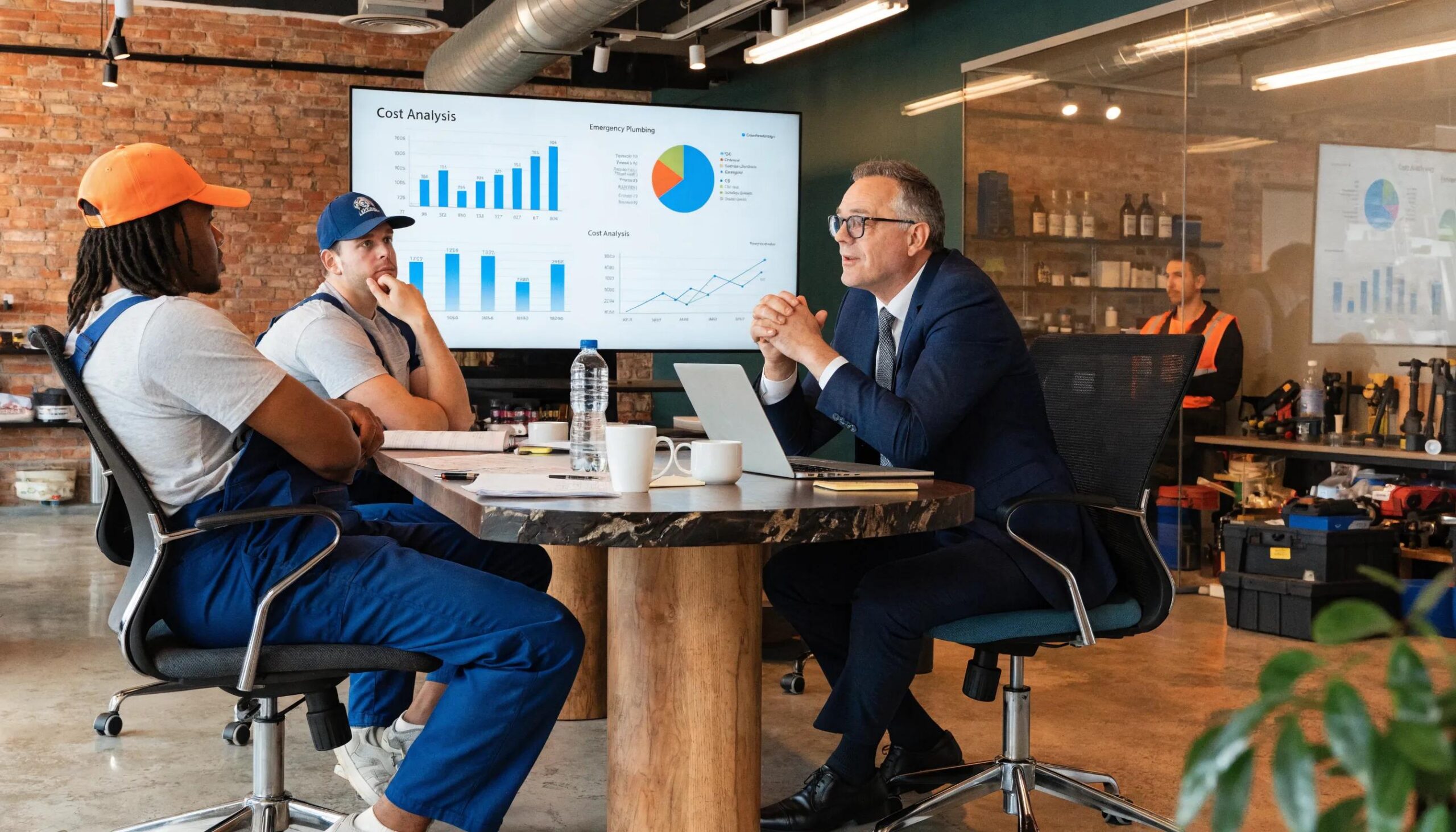Plumbing company manager discussing cost structures with technicians in an office