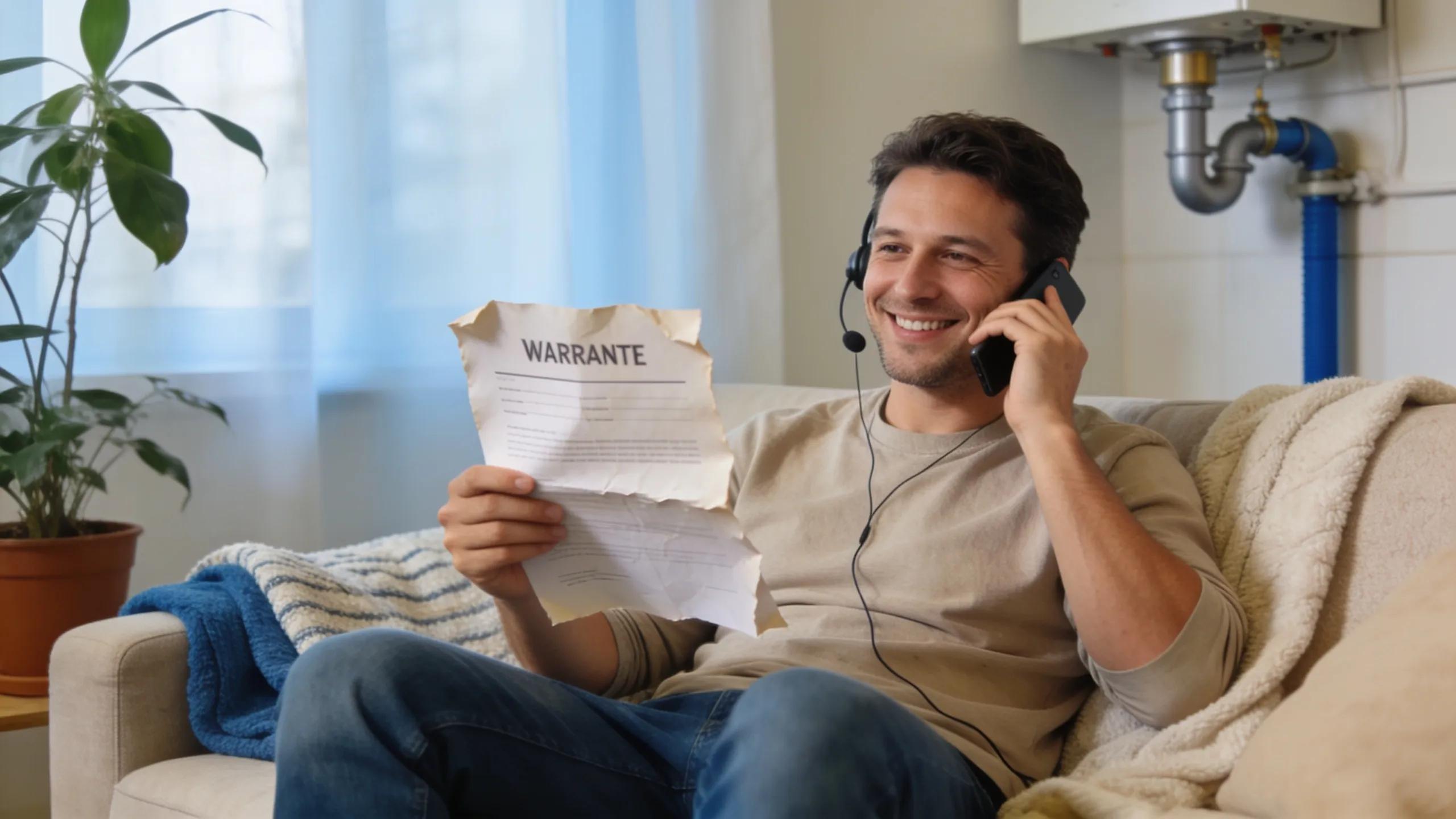 Customer on the phone with a plumbing service representative discussing warranty claims, emphasizing customer support and warranty processes