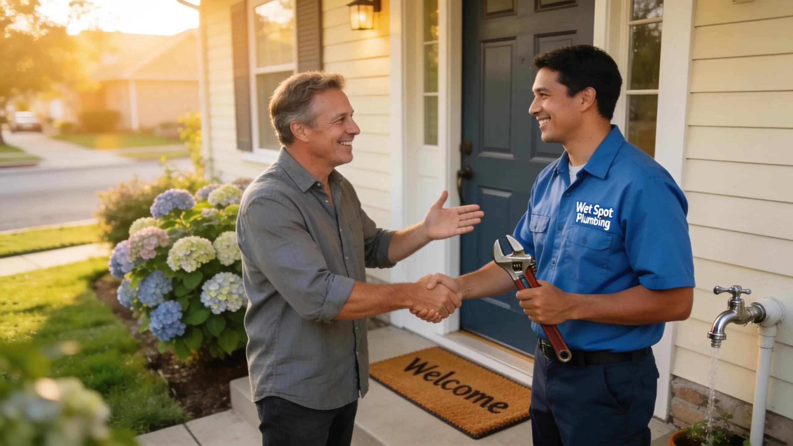 Wet Spot Plumbing technician greeting homeowner, ready for emergency plumbing repairs.