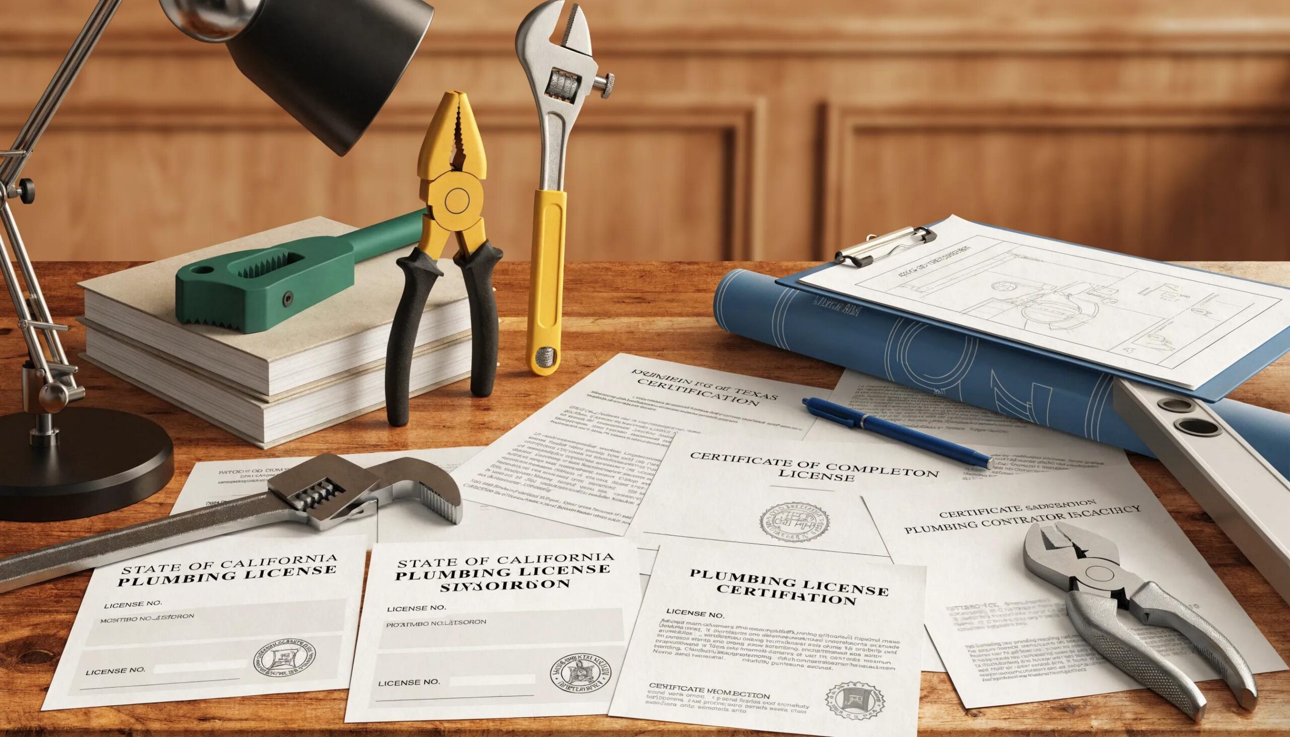 Array of plumbing licenses and certifications highlighting professional qualifications