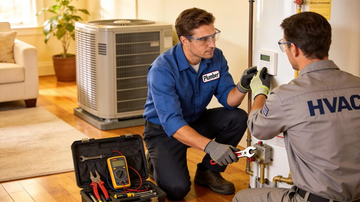 Professional plumbers and HVAC technicians providing reliable services at a home in Central Virginia