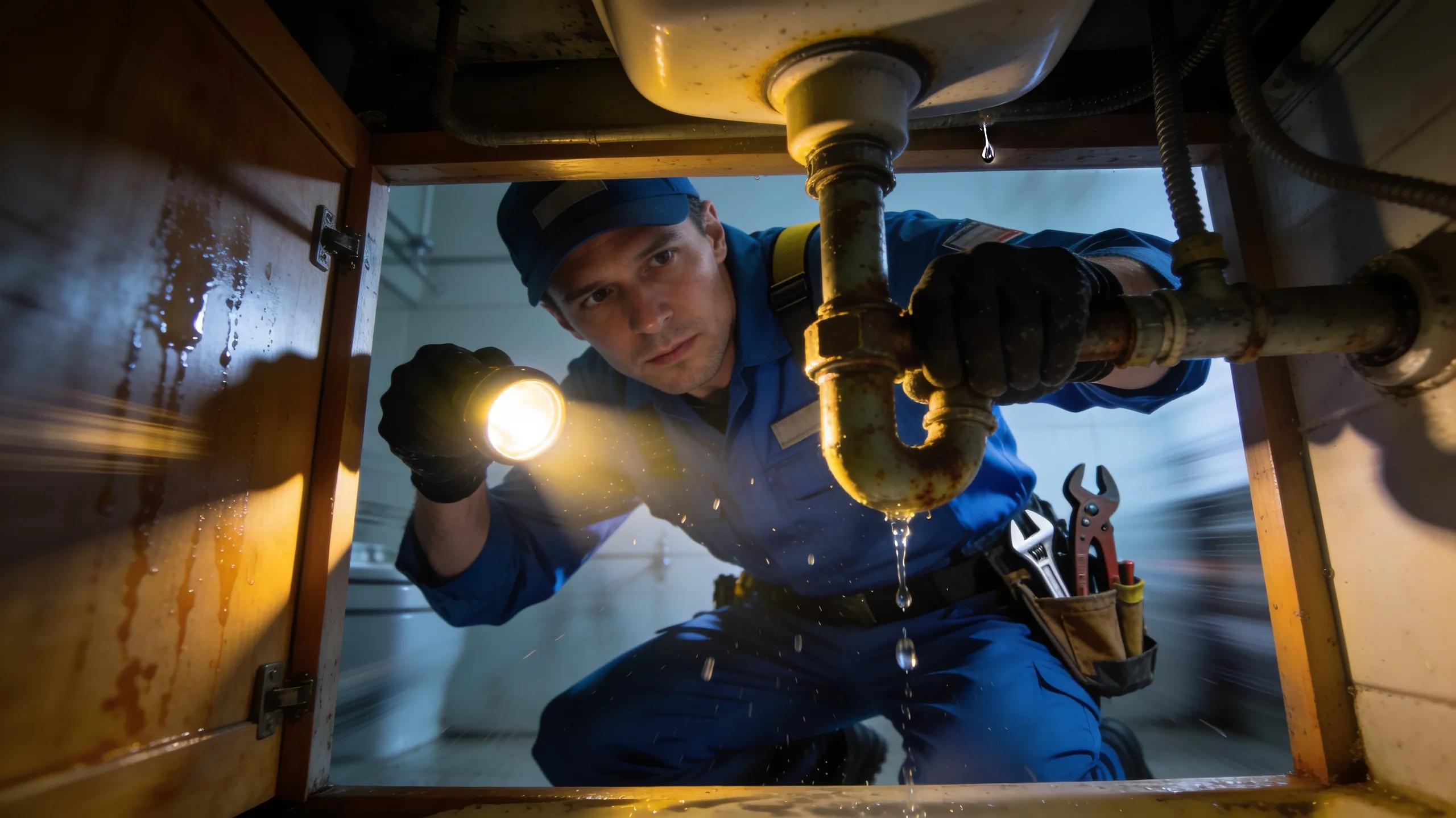Plumber addressing an emergency plumbing issue with urgency in a residential setting