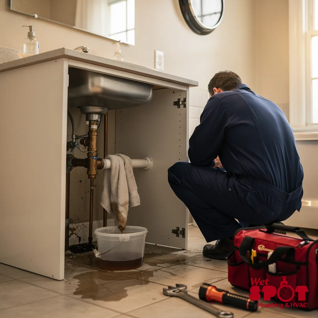 Plumber inspecting under sink plumbing and water leak repair in Mineral, VA.